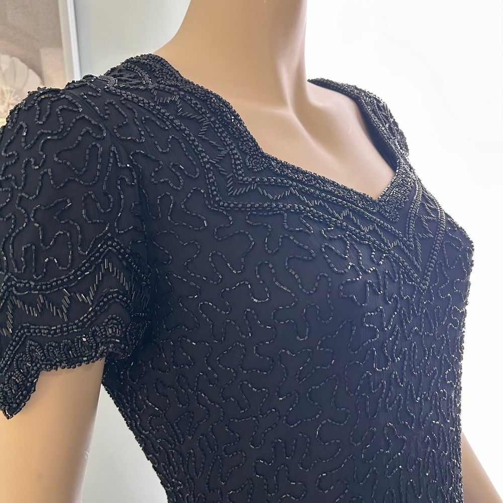 Vintage 80s Cote d'Azur Black Beaded Silk Evening Blouse Sweetheart Top L - Picture 3 of 10